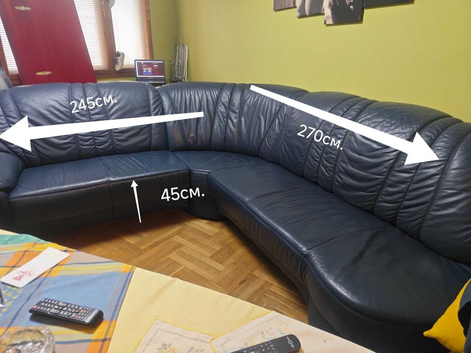 Холов ъглов диван естествена кожа с въртящ се фотьойл