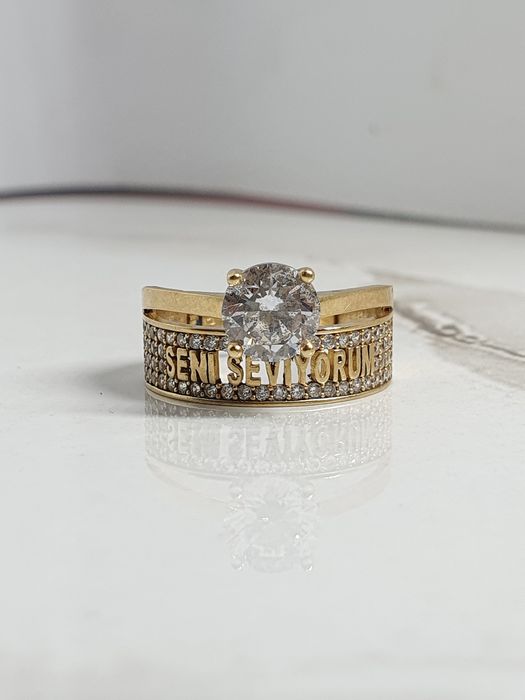 Inel din aur 14K cu zirconiu și mesaj „Seni Seviyorum” – mărimea 56