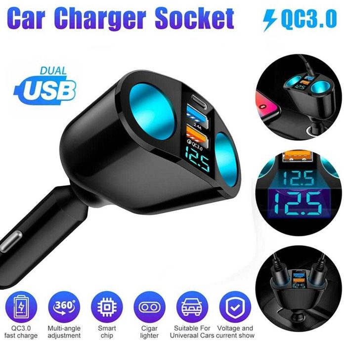 Adaptor bricheta auto, 2 in 1 Afisaj voltaj, 2 USB QC3.0. Nou ambalat!
