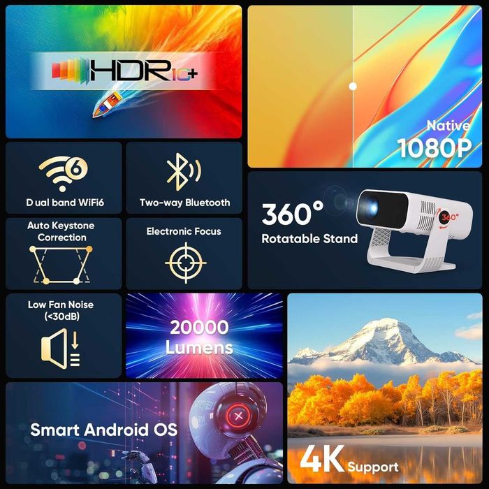 Proiector 2026 cu aplicație integrată, Android 14, Full HD 1080P, suportă decodare 4K, 20000 lumeni, corecție automată