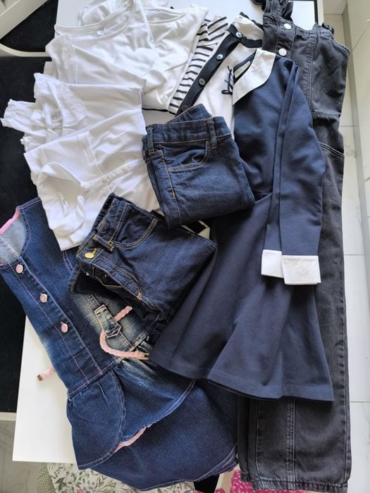 Set haine școală fetiță 128-134 bluze albe școală, sarafan școală, rochie școală, salopeta NEXT