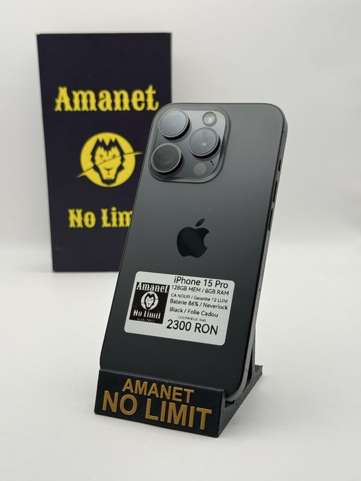 iPhone 15 Pro Black 128GB Baterie 86% Garantie 12 Luni , AMANET NO LIMIT.