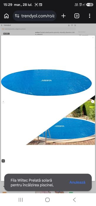 Prelată solară pentru piscină, rotundă, diametru 3.66 m, albastră