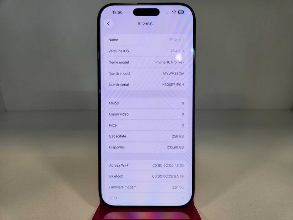 Telefon Apple Iphone 16 Pro Max 256Gb Baterie 95% (Ag8 Tudor/B74888) - Garantie 2 Ani!