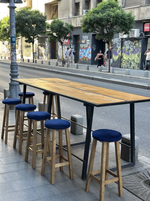 Set masa exterior cadru metalic blat stejar stratificat scaune bar
