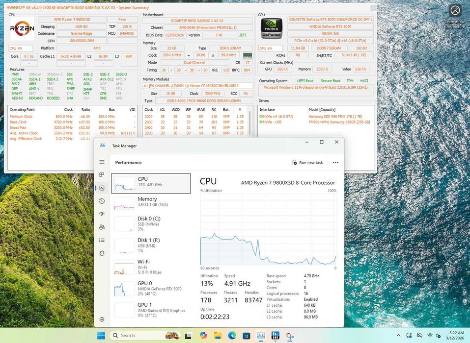 PC Gaming Ryzen 7 9800X3D RTX 5070 32GB RAM