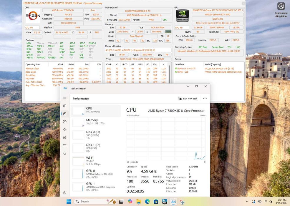 PC Gaming Ryzen 7 7800X3D RTX 5070 32GB RAM DDR5