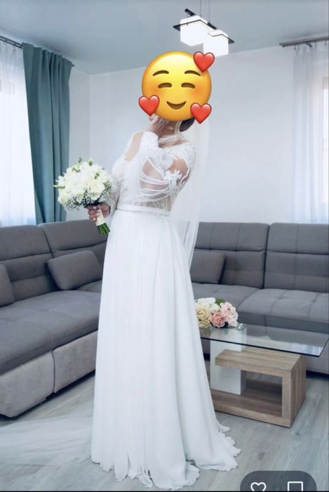 Rochie de mireasă stil Boho / A-line, mâneci lungi dantelă