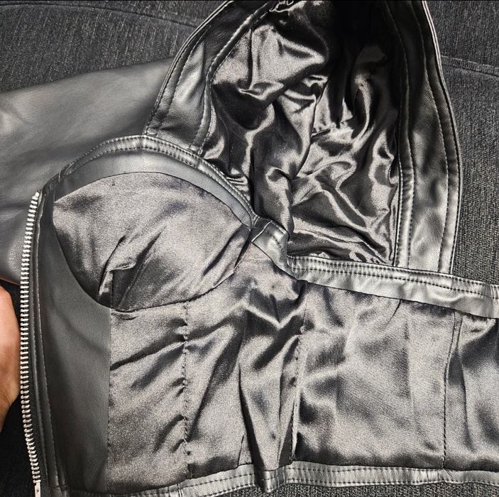 Top Piele, Corset, Croptop, Maneci Bufante, Piele ecologica, negru, Cr