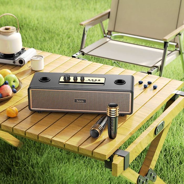 Boxa Bluetooth 2 Microfoane Wireless, Hoco BS63, Karaoke, Negru/Auriu