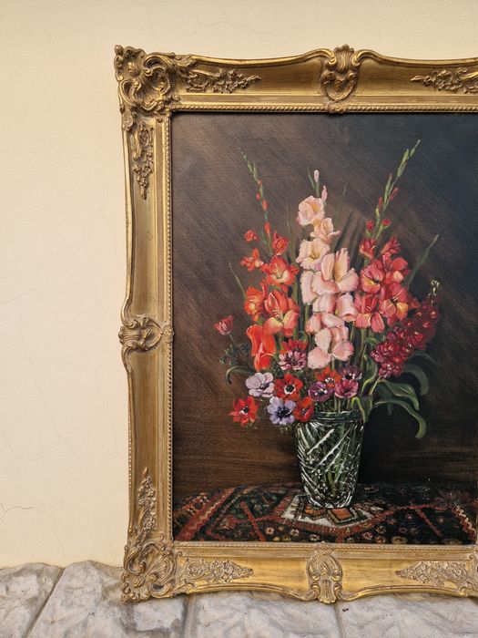 Прекрасна антикварна белгийска картина натюрморт масло платно