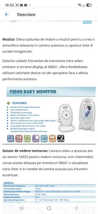 Camera video Wireless, Monitor video digital pentru bebelusi, cu ecran digital, Vedere nocturna in camera, Audio bidirectional, 8 Cantece de leagan