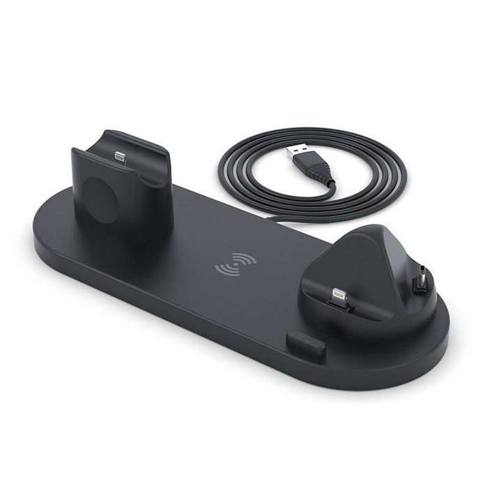 Statie de incărcare wireless 4 în 1, negru, 15 W, pentru telefon, ceas inteligent și căști.