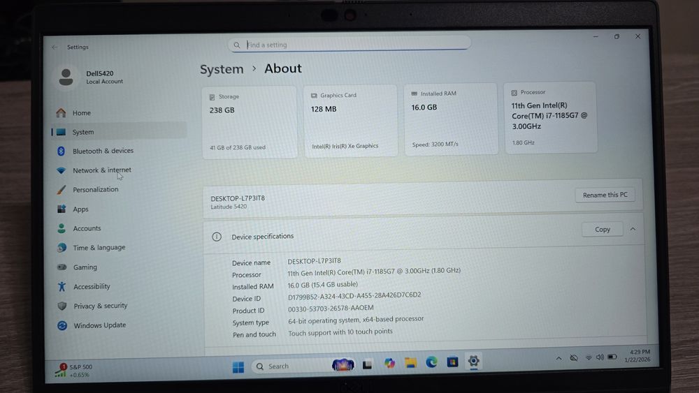 Laptop Dell 5420, i7gen11, 16Gb, ssd256Gb, 14" cu touchscreen, windows