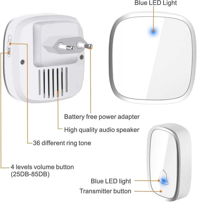 Безжичен звънец с обхват 280 м, 36 мелодии, 4 нива на звука