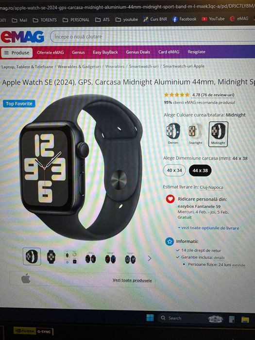 Apple Watch SE 2024, garantie 1 an, folosit foarte putin