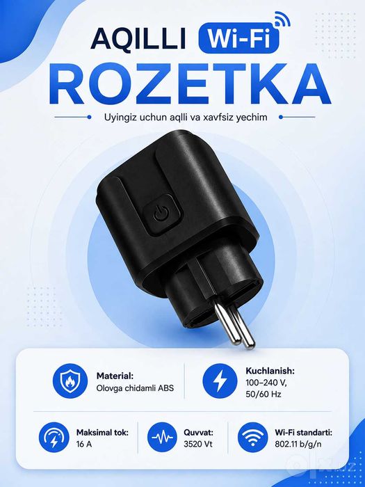Tuya Smart Life aqlli Wi-Fi rozetka, 16A, 2.4 GHz