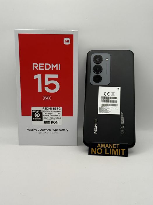 Redmi 15 Black 5G Baterie 7000mAh Nou Garantie 1an, AMANET NO LIMIT.