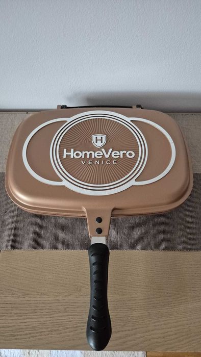 Tigaie grill dubla HomeVero HV-DP36M, 36 cm, Acoperire Marmura, Bronz