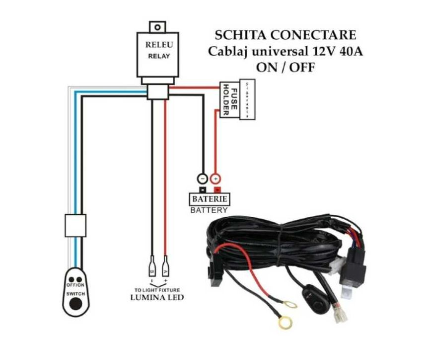 Комплект окабеляване за LED бар и фарове 12V – 3.5 м, реле, бушон 40A, ключ с LED, до 480W