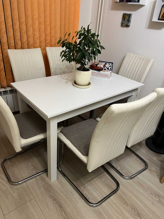 Кухненски столове (бели - еко кожа), 6 бр.