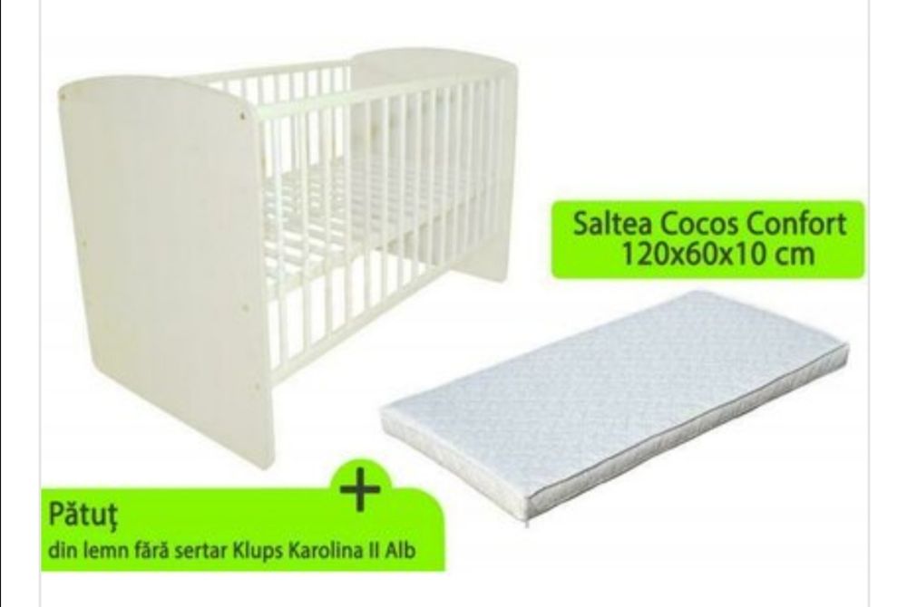 Vând pătuț copil/bebe din lemn +saltea cocos foarte puțin folosit