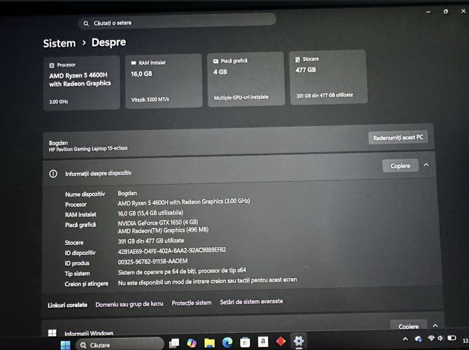Vând sau schimb  cu telefon Gaming HP Pavilion AMD Ryzen 15.6" AMD Ryzen 54600H with Radeon Graphics (3.00 GHz) 16,0 GB NVIDIA GeForce GTX 1650 (4 GB)