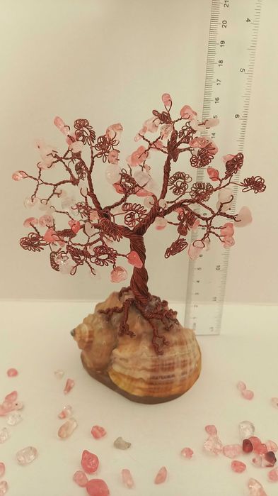 Copacel decoartiv handmade din Cuart roz si Cupru, 16 cm