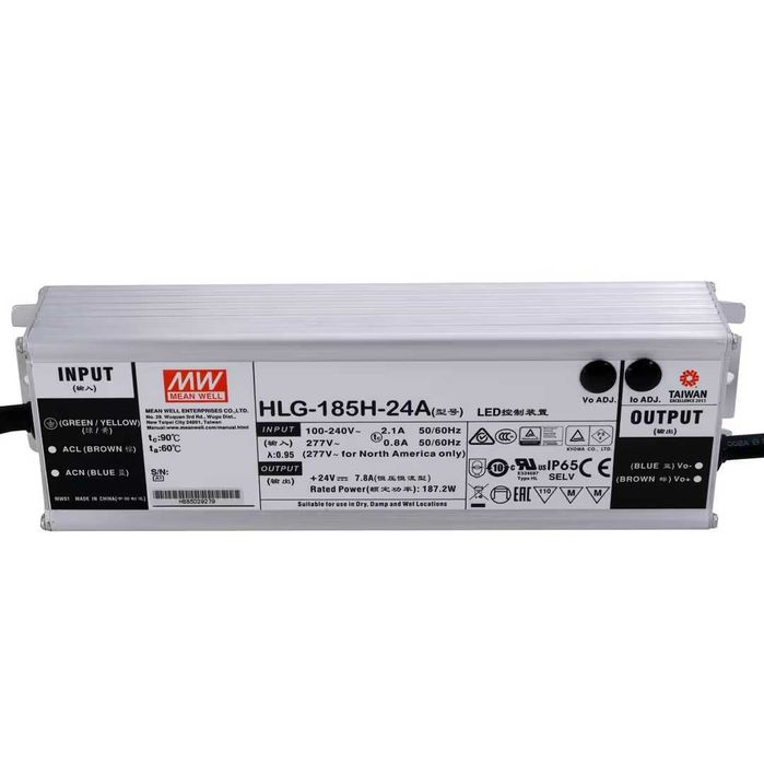 Sursă LED MEAN WELL HLG-185H-24A 185W 24V IP65 tensiune/curent reglabile – 24V 185W