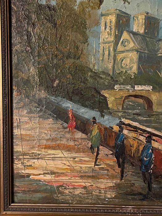 Tablou vechi ulei pe panza - Vedere Notre Dame Paris - rama aurie