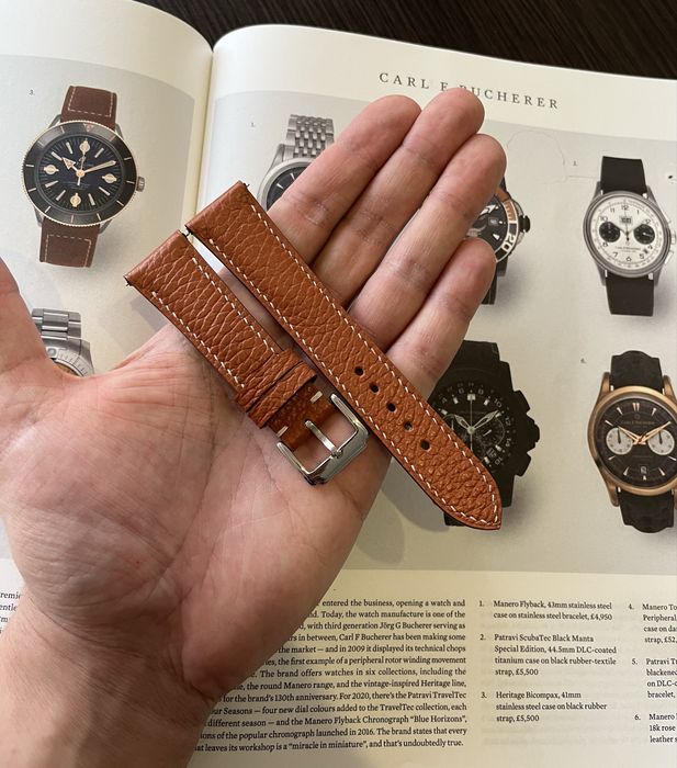 Curea pentru ceas din piele Epsom portocalie-lucrată și cusută manual