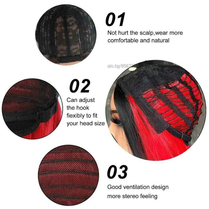 Ефектна боб каре черна червена перука два цвята на път