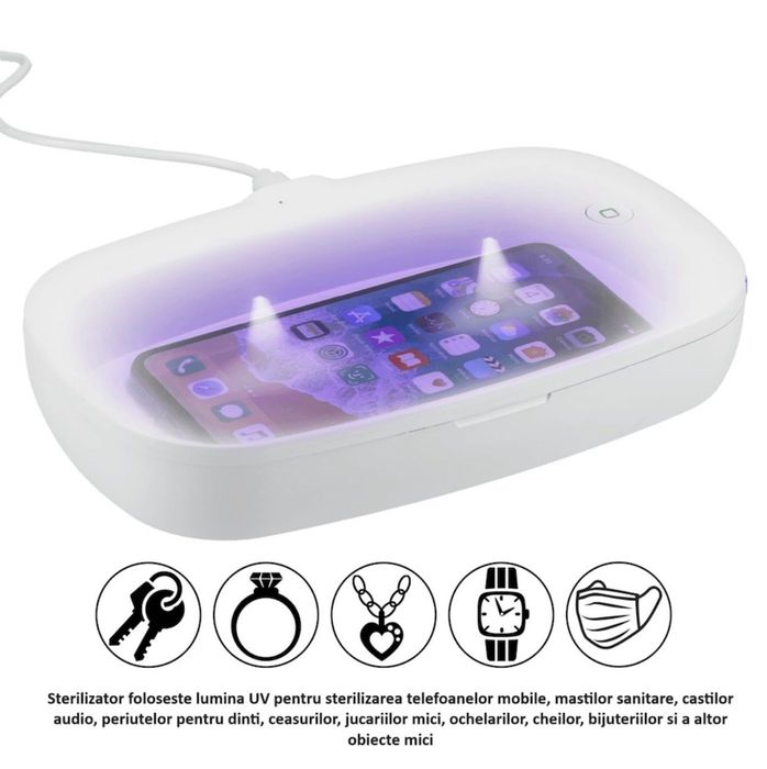 Sterilizator UV pentru telefoane mobile, casti audio, periute dinti ceas ochelari chei, bijuterii, încărcare Wireless