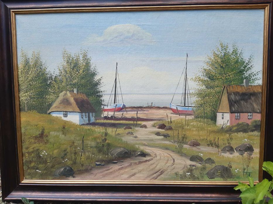 Красива Стара Картина "Рибарско Селище" Маслени Бои на Платно