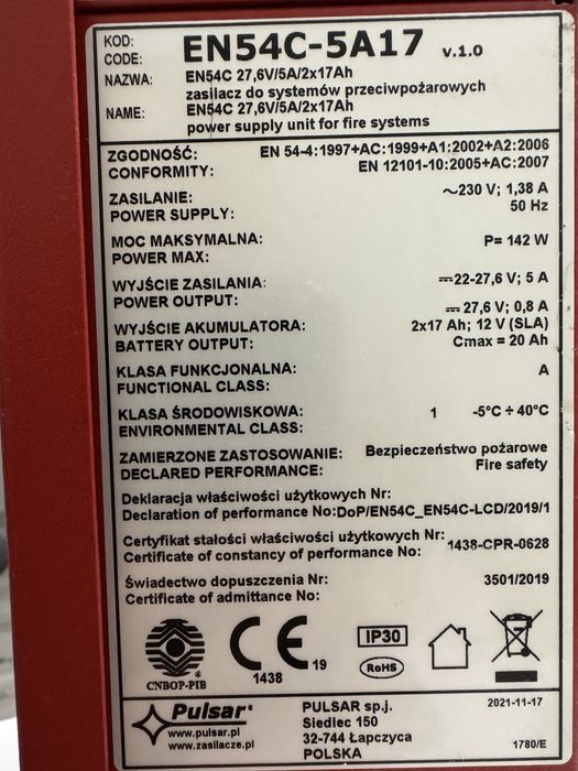 Sursă alimentare incendiu PULSAR EN54C-5A17 – EN54 – 27,6V / 5A