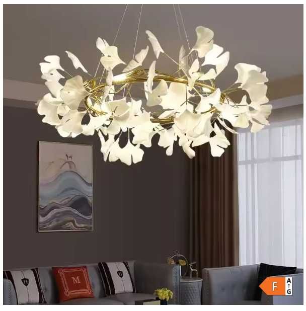 Lustra eleganta pentru living, cu frunze de Ginkgo din acril, 4 brate