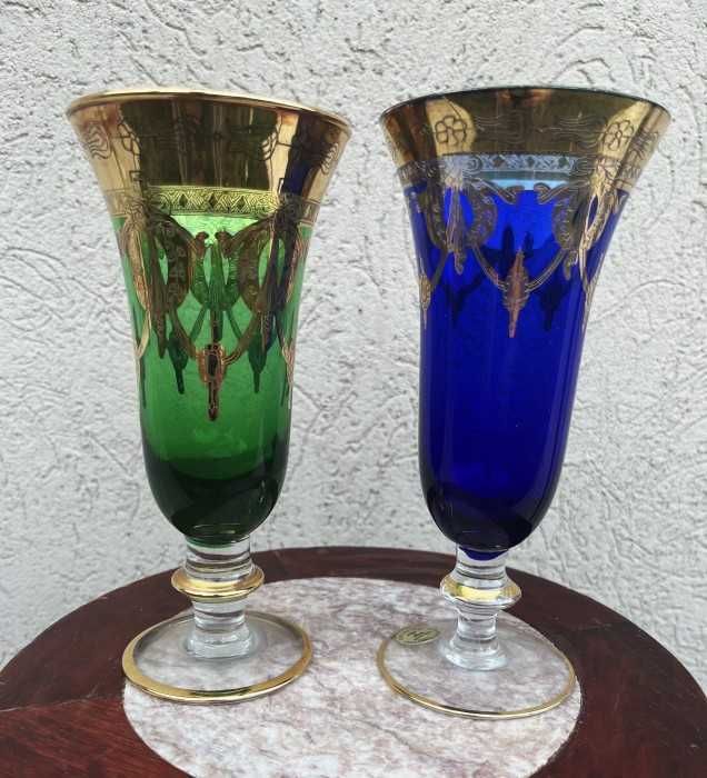 Arta italiana-set pahare pt sampanie-cristal premium-nuante vibrante-decoruri cu aur-Italia