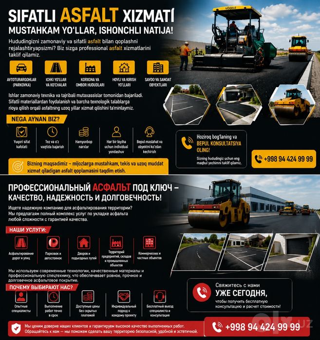PROFESSIONAL ASFALTLASH XIZMATI
Toshkent shahri va Toshkent viloyati b