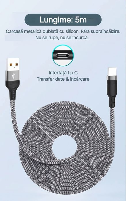 Cablu lung: 5m. Usb-usbC. Încărcare+Date. Imposibil de rupt. ChipSmart