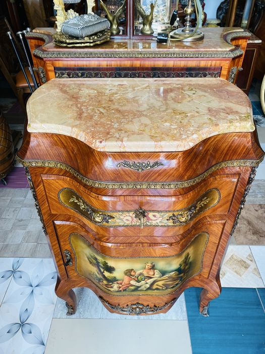 Comoda Servanta Vintage Marmura Pictura Intarsie Bronz Lemn