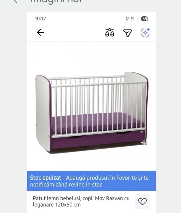 Patut bebe 120/60cm cu sistem de leganare si sertar culoare mov.