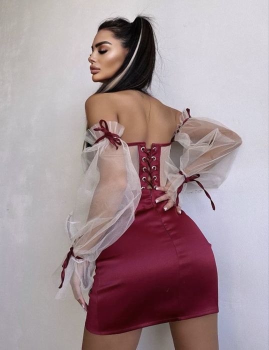 Compleu damă elegant – top corset + fustă mini satinată