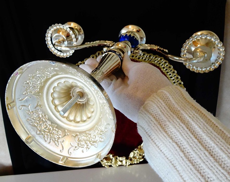 Посребрен троен свещник,рози,кобалт,рококо.