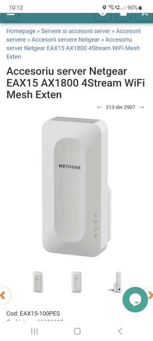 Extender WI-fI Netgear 4-stream WiFi Mesh Extender AX1800, wifi 6.