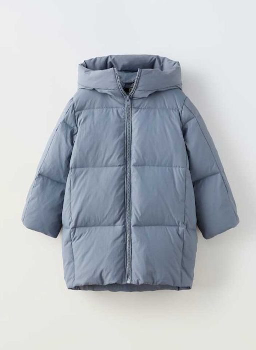 Дълго пухено яке Зара, синьо-сиво, естествен пух/пера, водоустойчиво