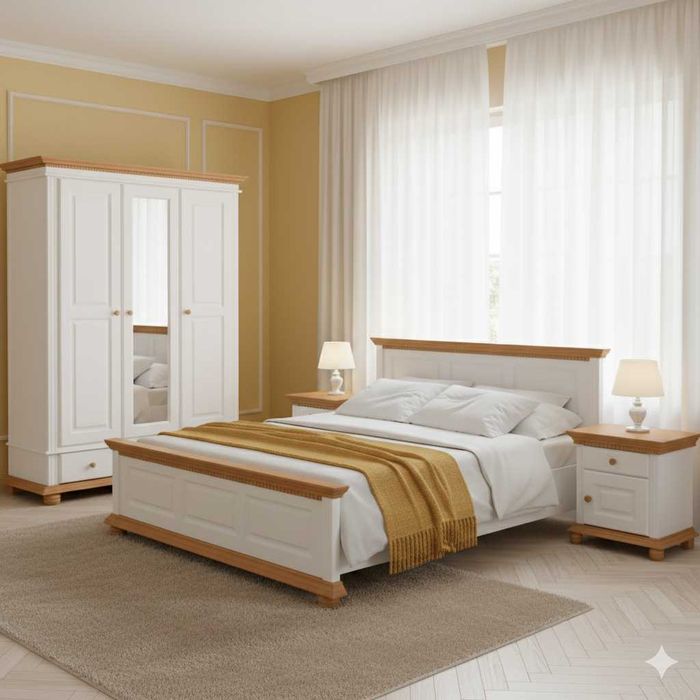 Set mobila dormitor Bucovina 4, lemn masiv, alb-miere