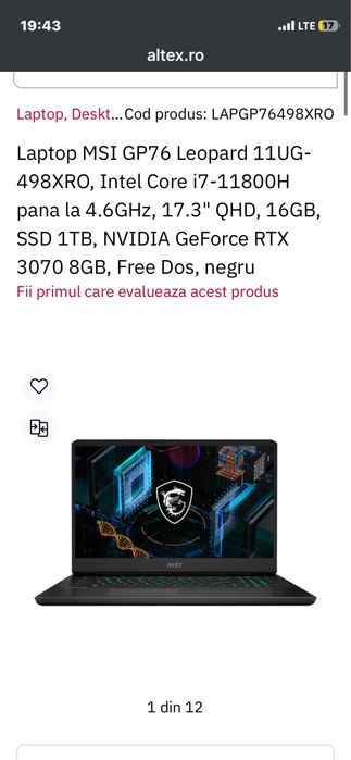 Laptop MSI GP76 Leopard 11UG-498XRO Intel Core i7-11800H pana la