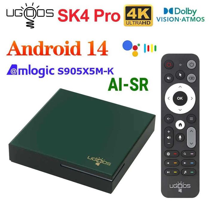Тв бокс UGOOS SK4 Pro Amlogic S905X5M-K Android 14 LPDDR4 4G64G Поддръжка на Dolby Vision Dolby Audio AI-SR AV1 2T2R WiFi6 BT5.4