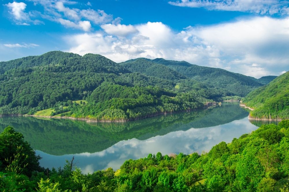 In fata ta e lacul, în jurul tău copacii și munții. Între ele poate fi cabana ta.Teren Vis a Vis de Lacul Siriu. Vedere la lac și munti Gura Siri