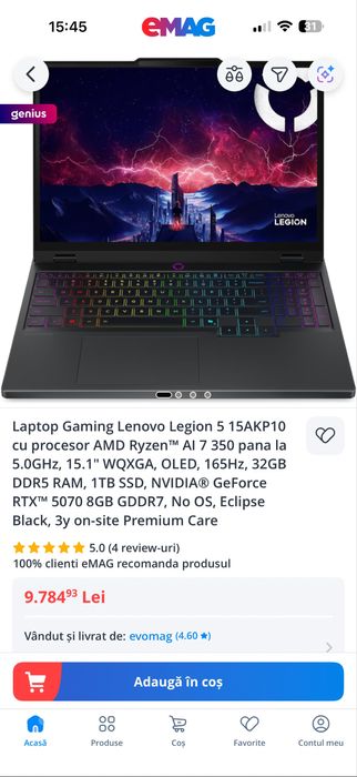 Laptop Lenovo Legion 5 RTX 5070 OLED 32GB 1TB nou sigilat